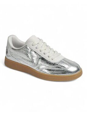 LA SHEELAH Silver Metallic Cracked Leather Low Top Sneakers